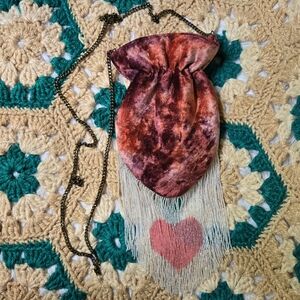 Free People Pink Velvet Beaded Heart Crossbody Bag